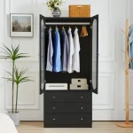 A black wardrobe with mirrored doors open to reveal a hanging rail, shelves, and drawers.