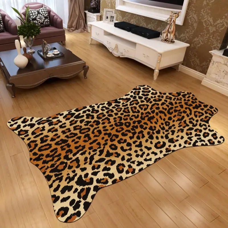 A rectangular rug with a realistic leopard print pattern, placed in a living room setting with a sofa and coffee table