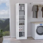 A tall white cabinet with a door open, revealing shelves filled with various household items.
