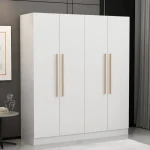 A tall white wardrobe with four doors and long, narrow gold handles.