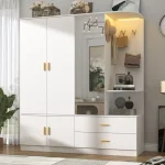 Modern wardrobe with a multifunctional design, combining storage, a mirror, and coat hooks.