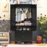 Modern wardrobe with a sleek black finish and ample storage for a child's belongings.