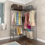 Space-saving corner garment rack with multiple shelves and hanging rods for organizing clothes.