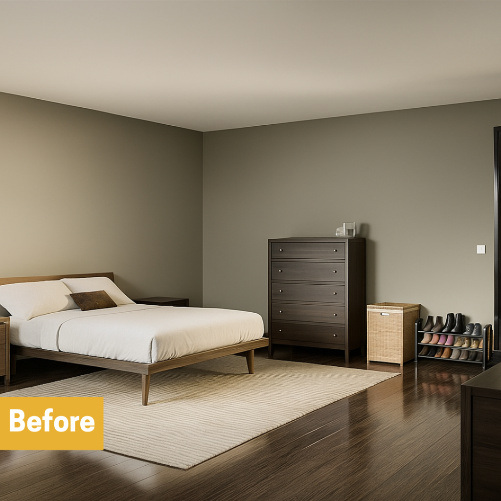A bedroom with an open and unorganized storage setup before the installation of a customized wardrobe.