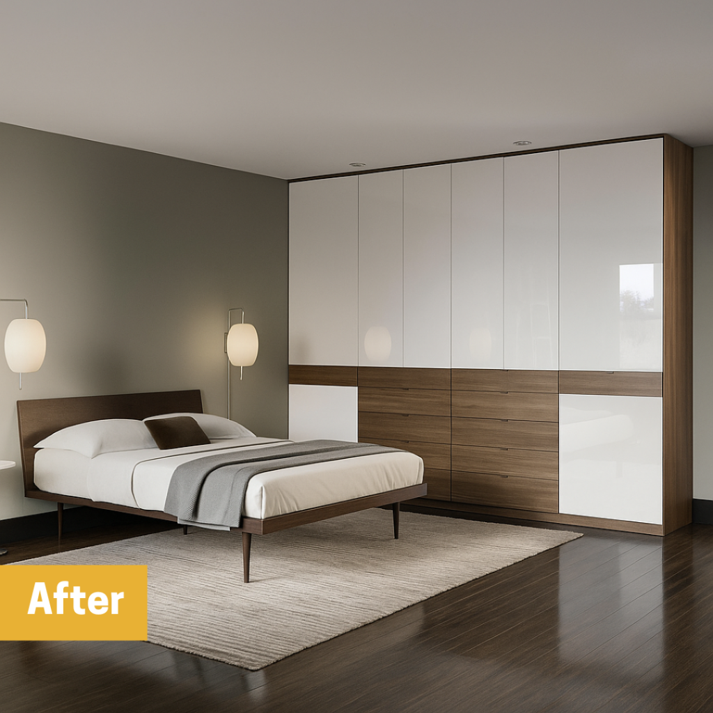 Bedroom After customized wardrobe installation, with open storage and scattered items.
